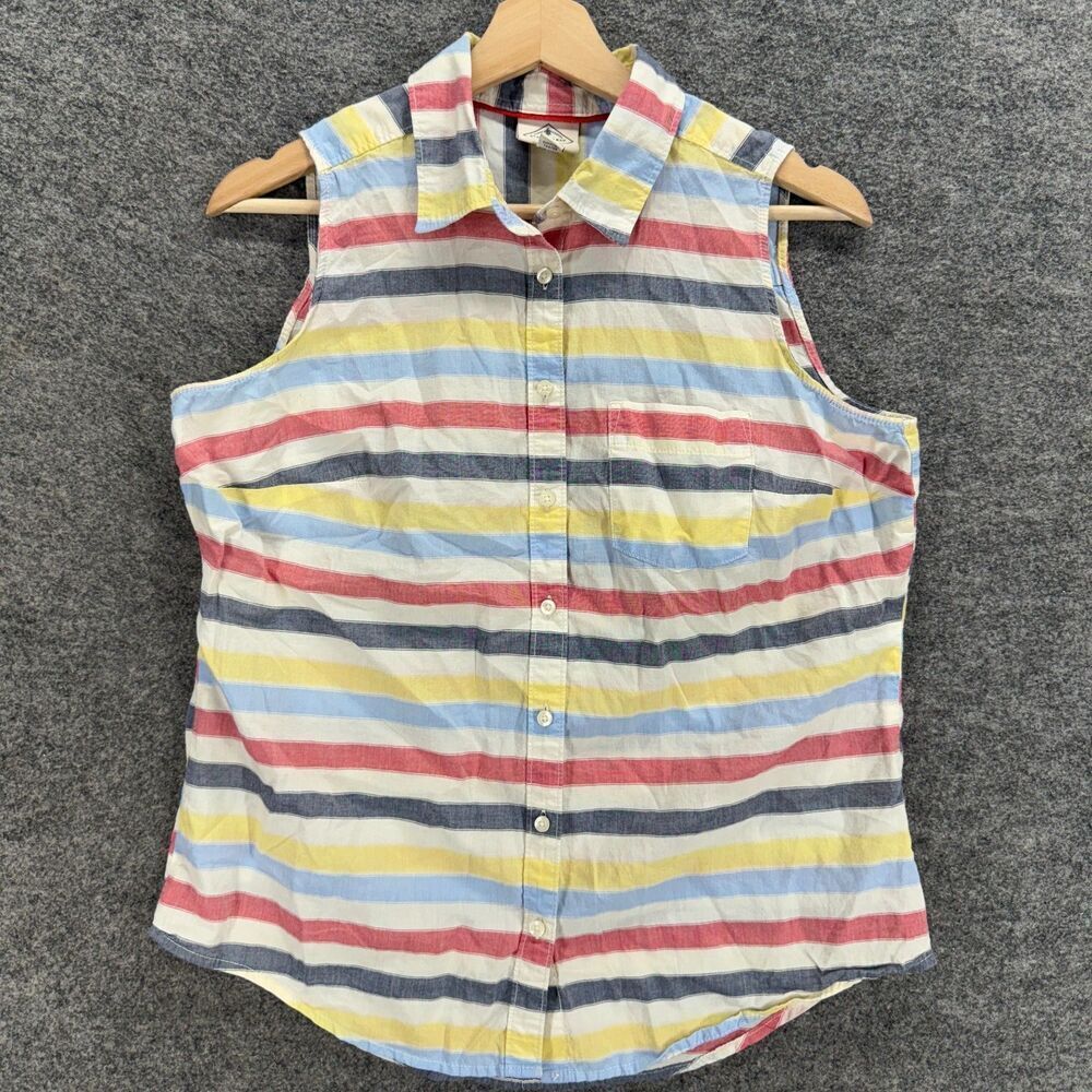 St. John's Bay Shirt Women M Medium White Striped Button Up Sleeveless Cotton